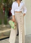 Casual white Top with Beige Linen pants