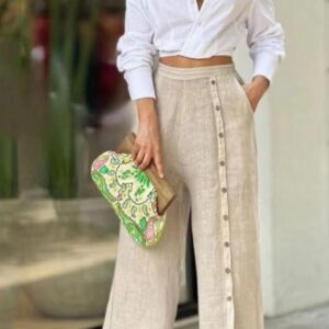 Casual white Top with Beige Linen pants