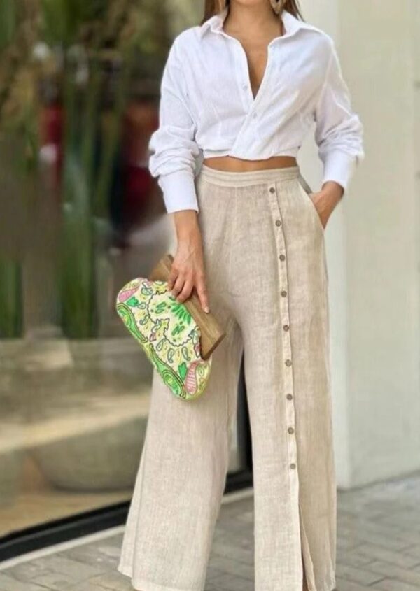 Casual white Top with Beige Linen pants