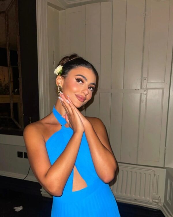 Blue Halter Neck Cutout Pleated Dress
