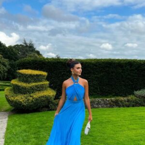 Blue Halter Neck Cutout Pleated Dress