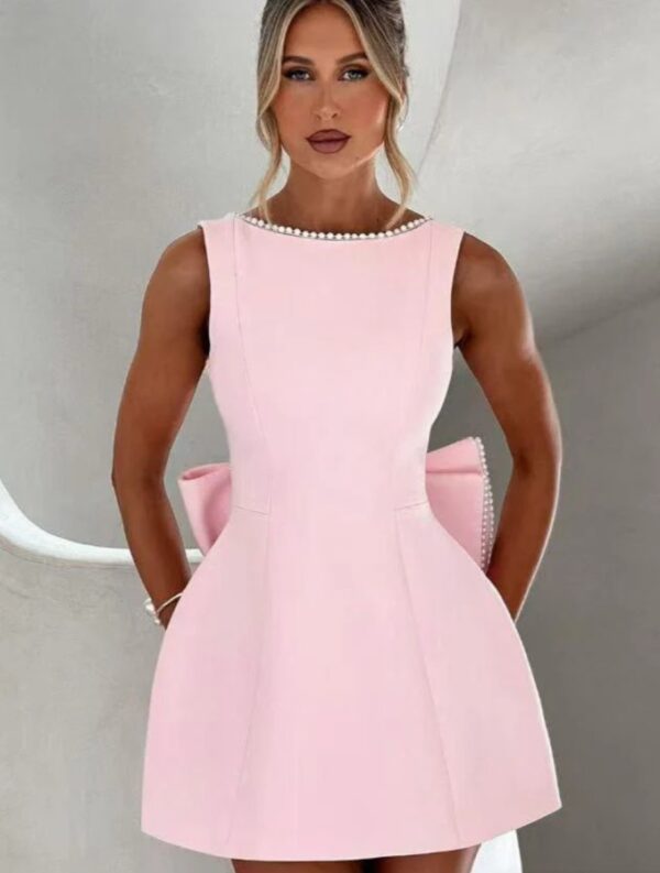 Pearl Backless Bow Flare Short Dress
