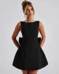 Pearl Backless Bow Flare Short Dress