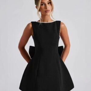 Pearl Backless Bow Flare Short Dress