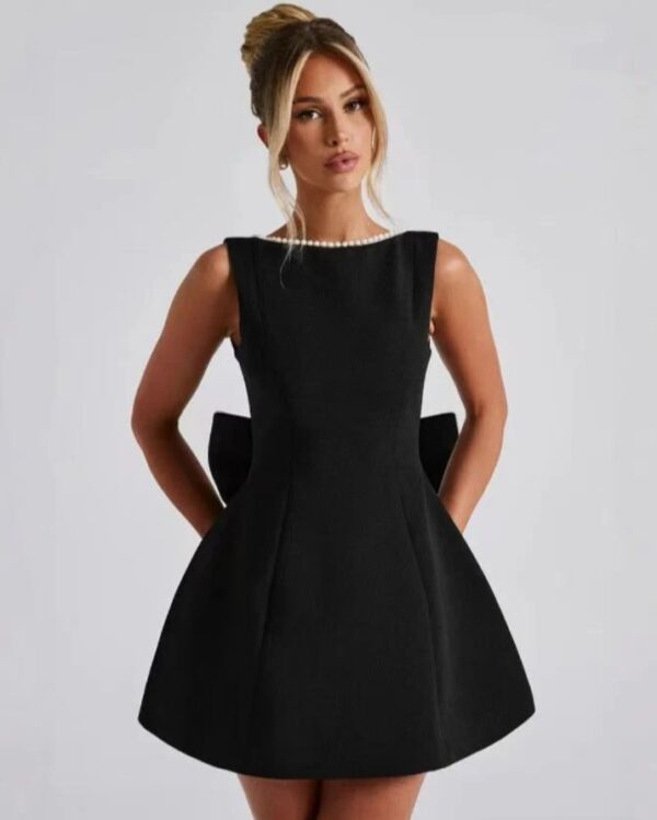 Pearl Backless Bow Flare Short Dress