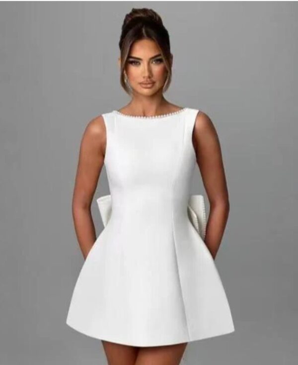 Pearl Backless Bow Flare Short Dress
