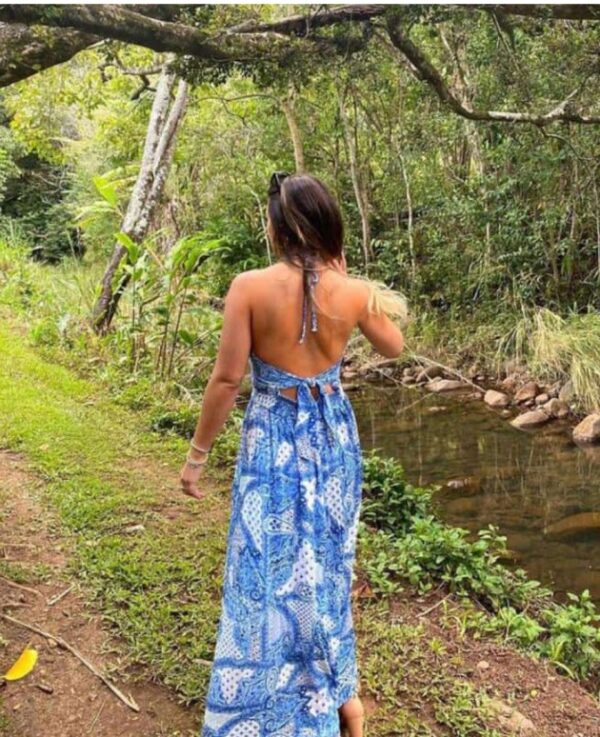 Blue Printed Halter Neck Dress