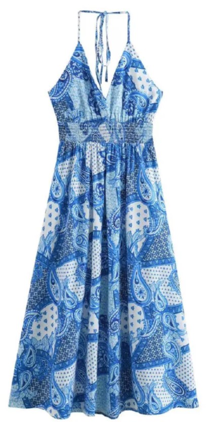 Blue Printed Halter Neck Dress