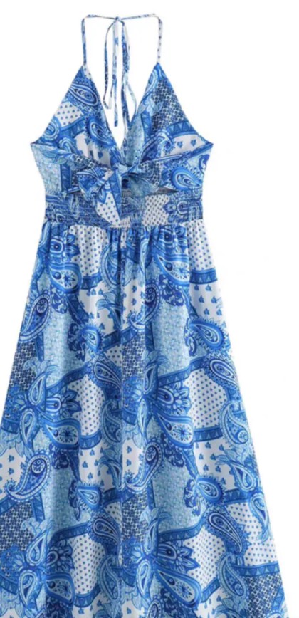Blue Printed Halter Neck Dress