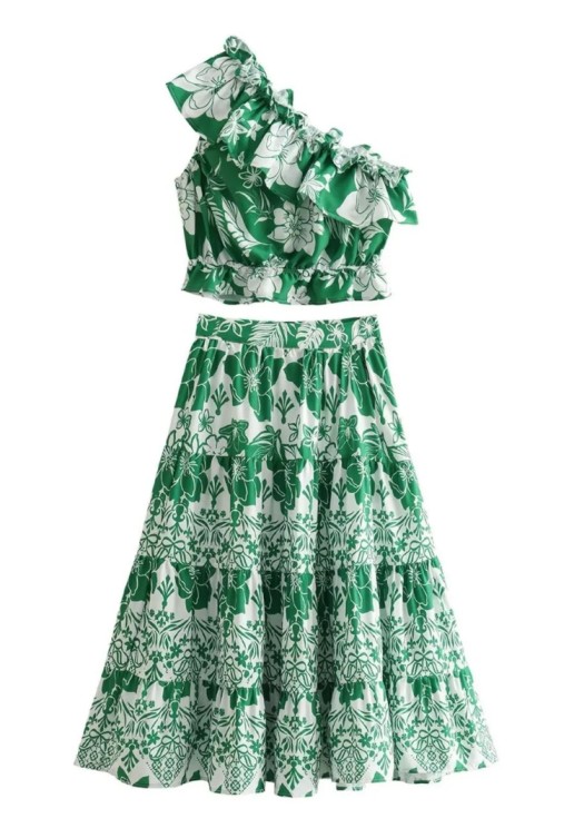 Green one shoulder Top & Skirt Set