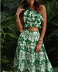 Green one shoulder Top & Skirt Set