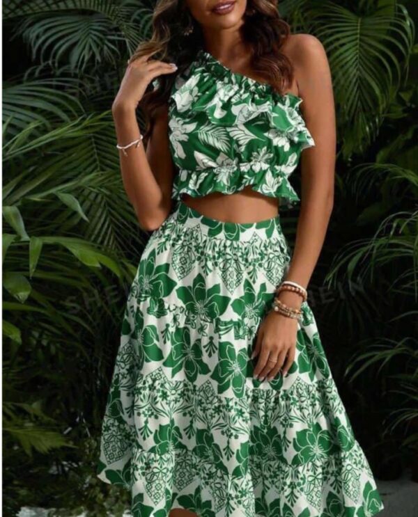 Green one shoulder Top & Skirt Set