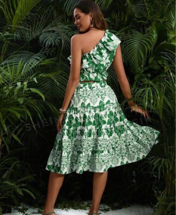 Green one shoulder Top & Skirt Set