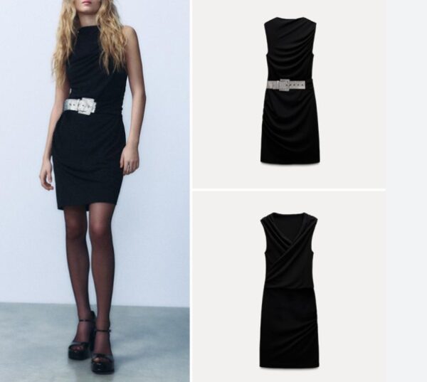 Black Drape Dress With Embellished Belt