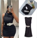 Black Drape Dress With Embellished Belt