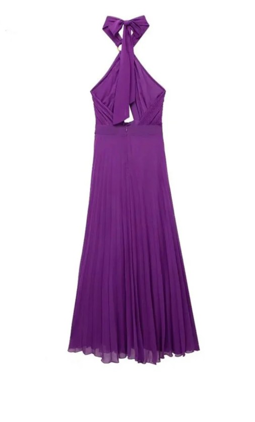 Halter-Neck Pleated Purple Dress