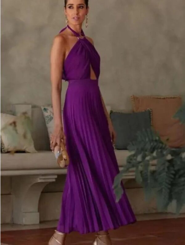 Halter-Neck Pleated Purple Dress