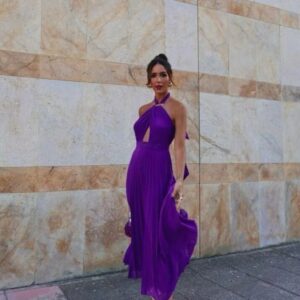 Halter-Neck Pleated Purple Dress