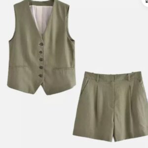 Linen Olive Green Vest Cord Set
