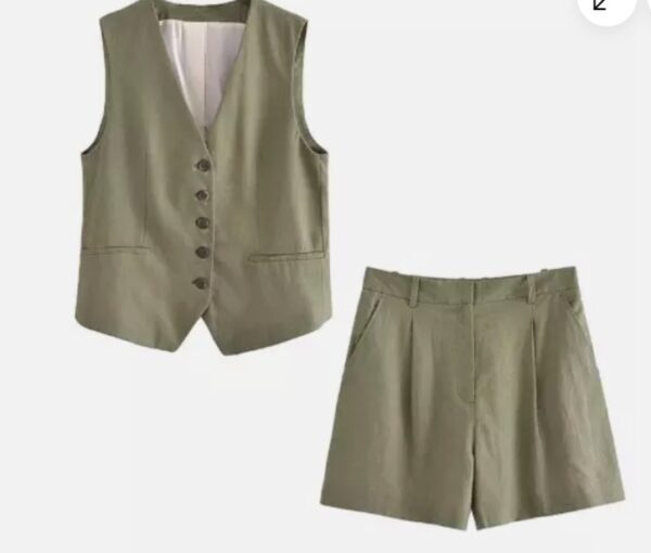Linen Olive Green Vest Cord Set
