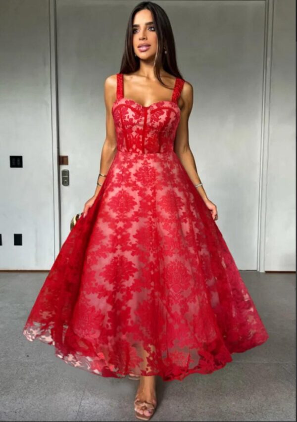 Red A line Lace Dress