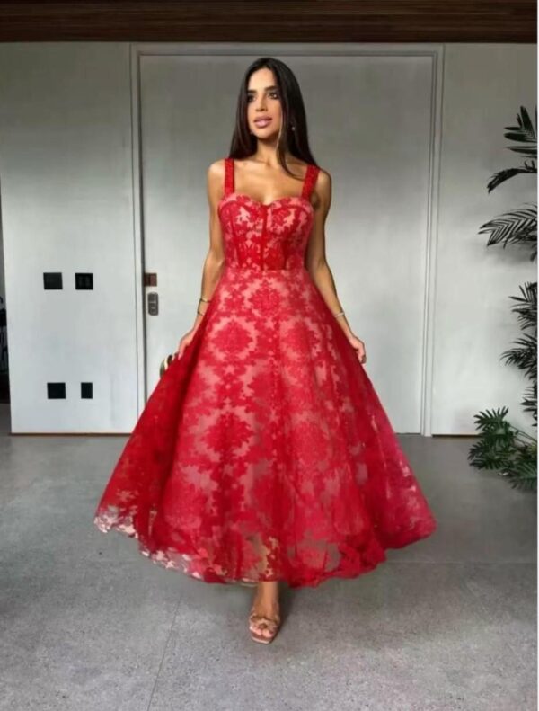 Red A line Lace Dress