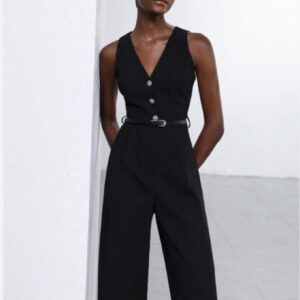 Black Button Jumpsuit With Belt