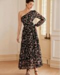 Black One Shoulder Printed Dress