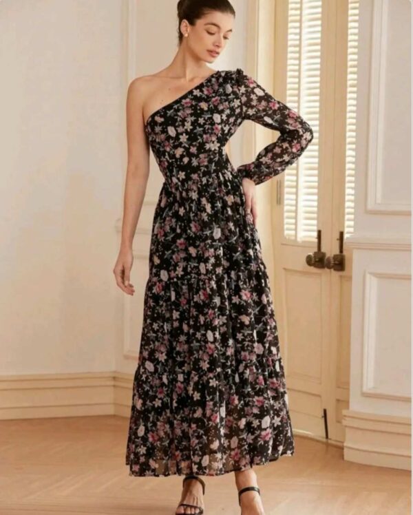 Black One Shoulder Printed Dress