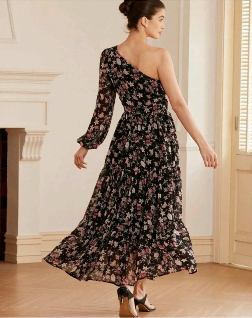 Black One Shoulder Printed Dress - Image 3