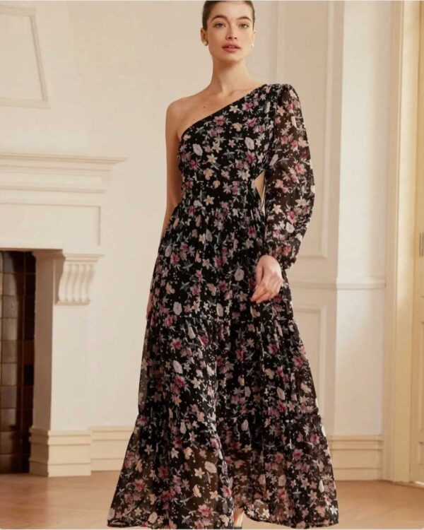 Black One Shoulder Printed Dress