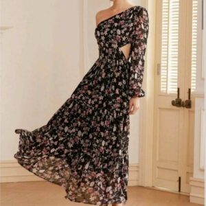 Black One Shoulder Printed Dress