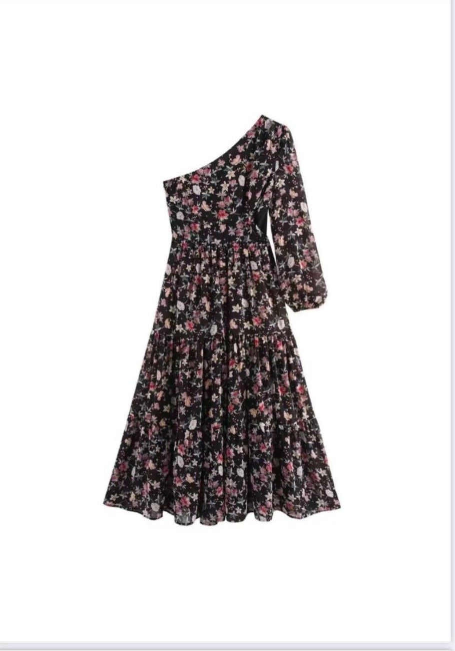 Black One Shoulder Printed Dress - Image 5
