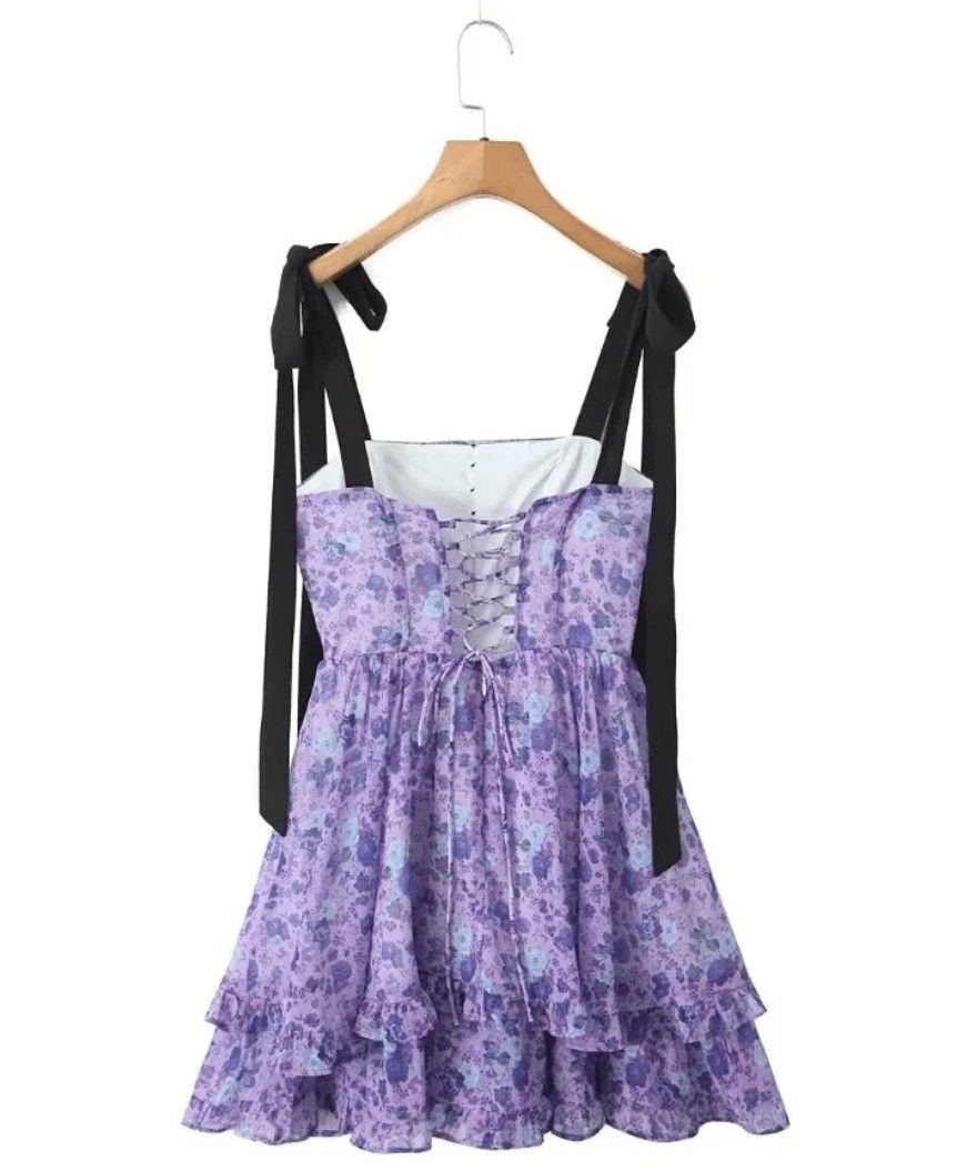 Purple Printed Floral Dress - Image 3