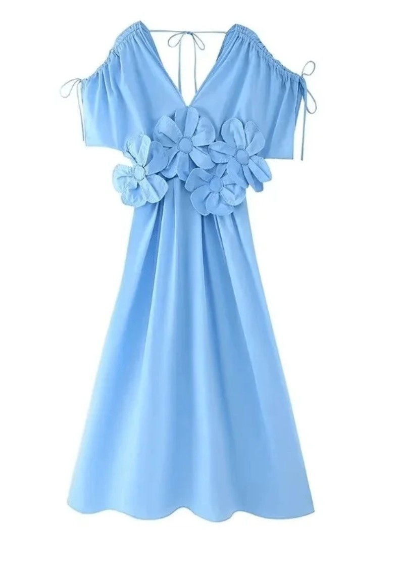 Blue Flower Patch Dress - Image 4