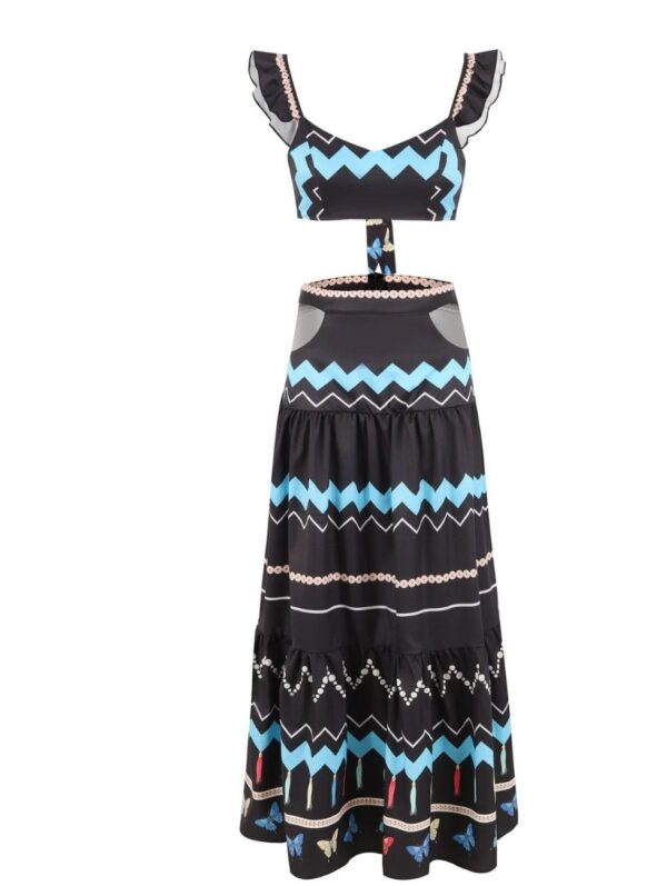 Black Printed Top And Skirt Set