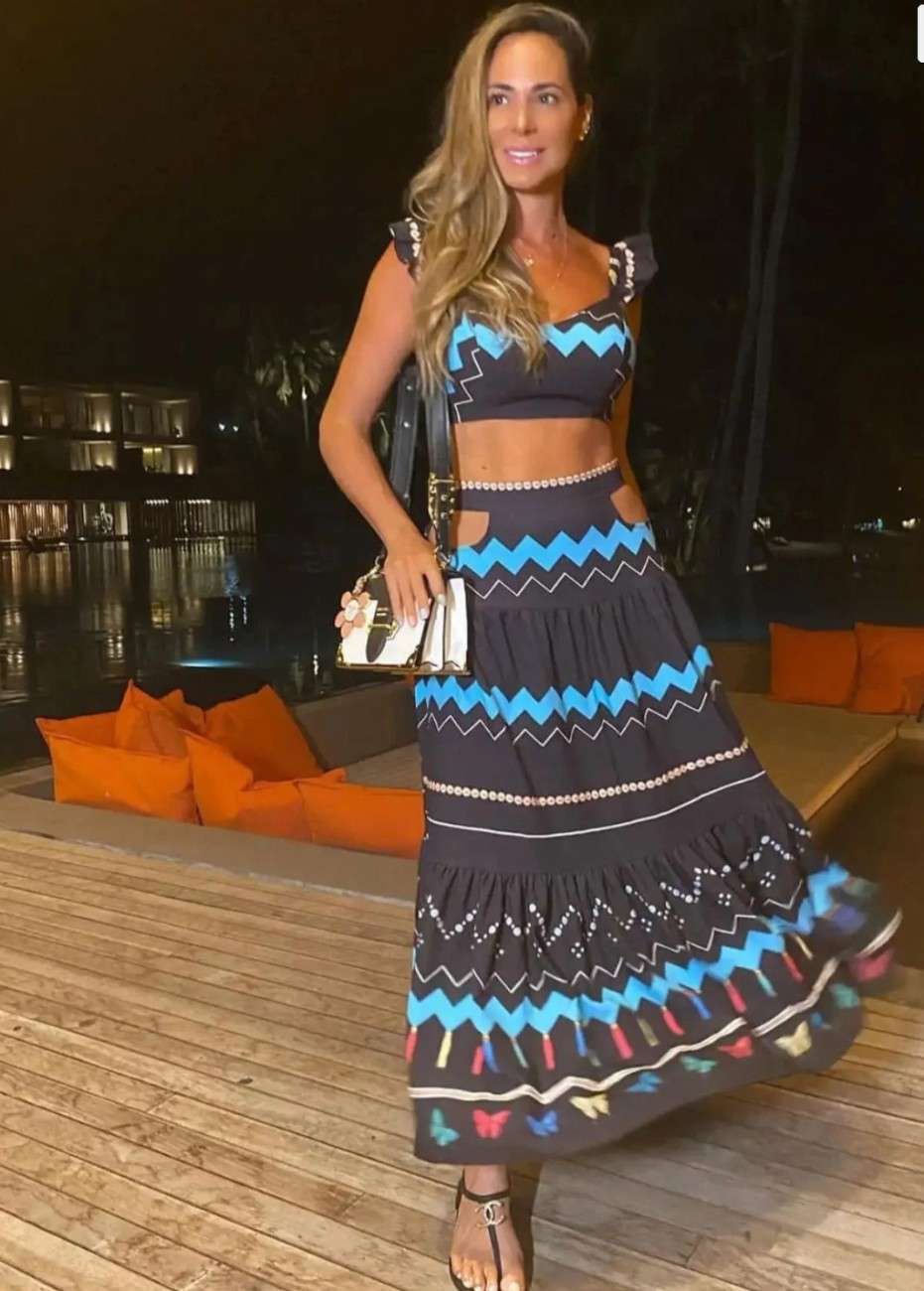 Black Printed Top And Skirt Set