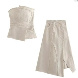 Beige Denim Top and Skirt Set