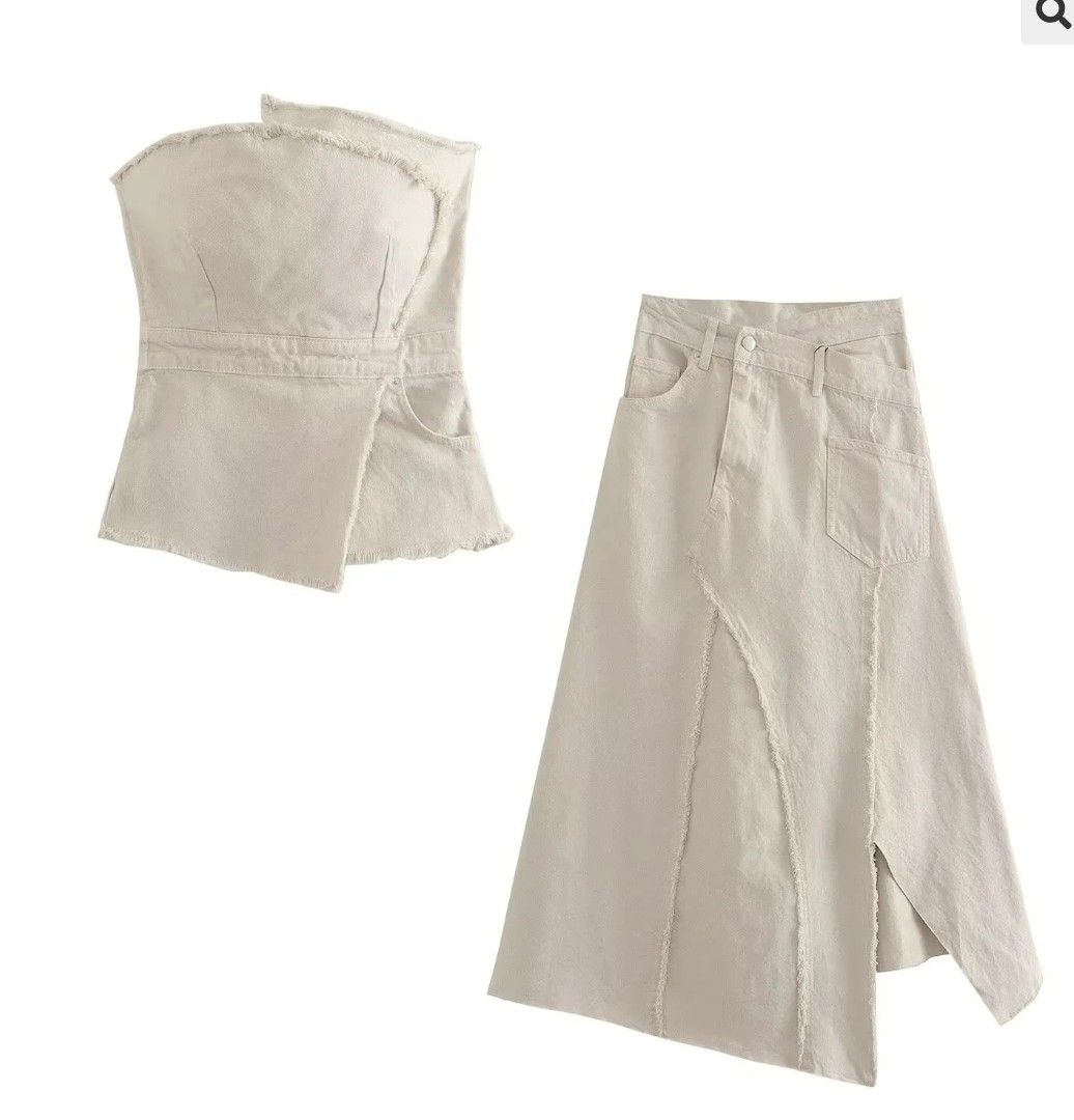 Beige Denim Top and Skirt Set