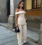 Beige Off Shoulder Cord Set