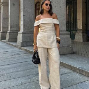 Beige Off Shoulder Cord Set