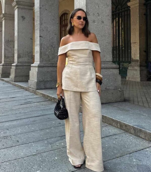 Beige Off Shoulder Cord Set